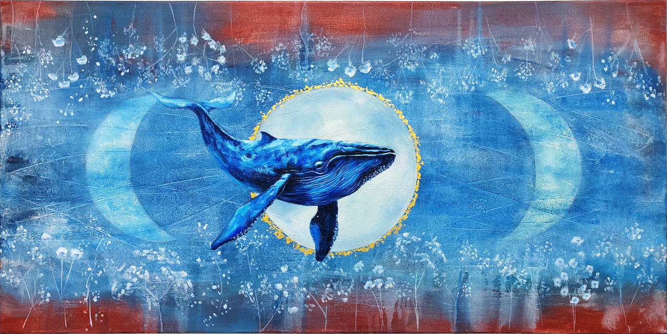 Eli Miklavčič, Whale - Night, 50 cm x 100 cm, olje na platnu, 24k zlati lističi, 2024