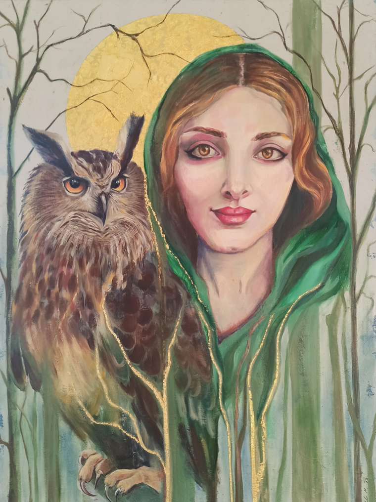 Owl Lady, 80 cm x 60 cm, olje na platu, 24k zlati lističi, 2025