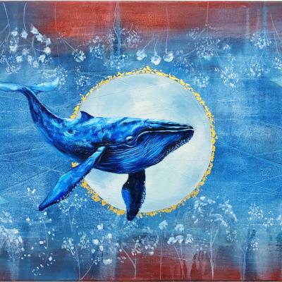 Eli Miklavčič, Whale - Night, 50 cm x 100 cm, olje na platnu, 24k zlati lističi, 2024